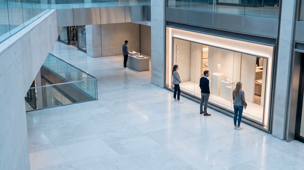 Clientes parados diante da vitrine iluminada de uma loja em uma galeria comercial