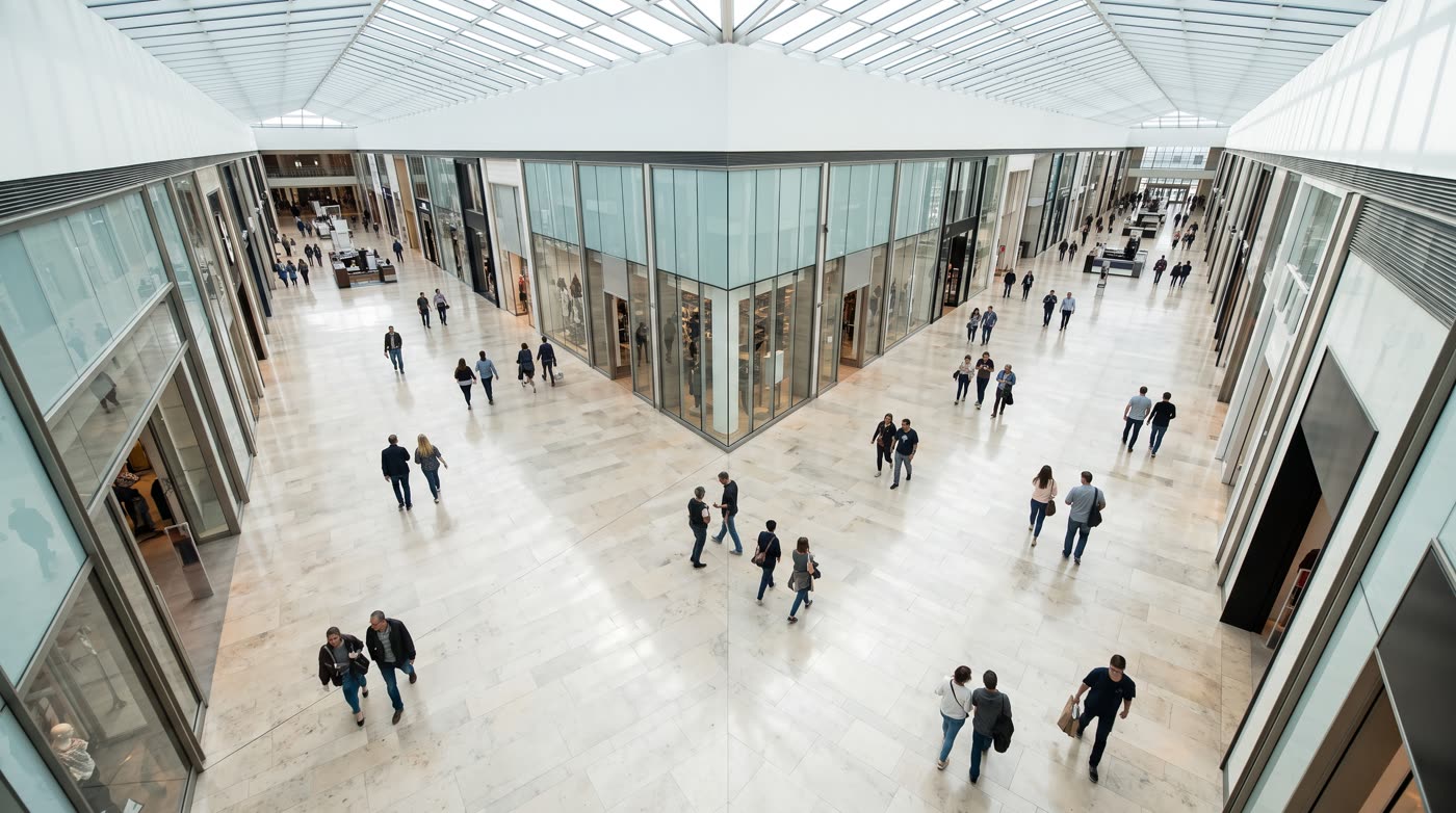 Galeria comercial vista de ângulo alto com pessoas circulando por corredores largos