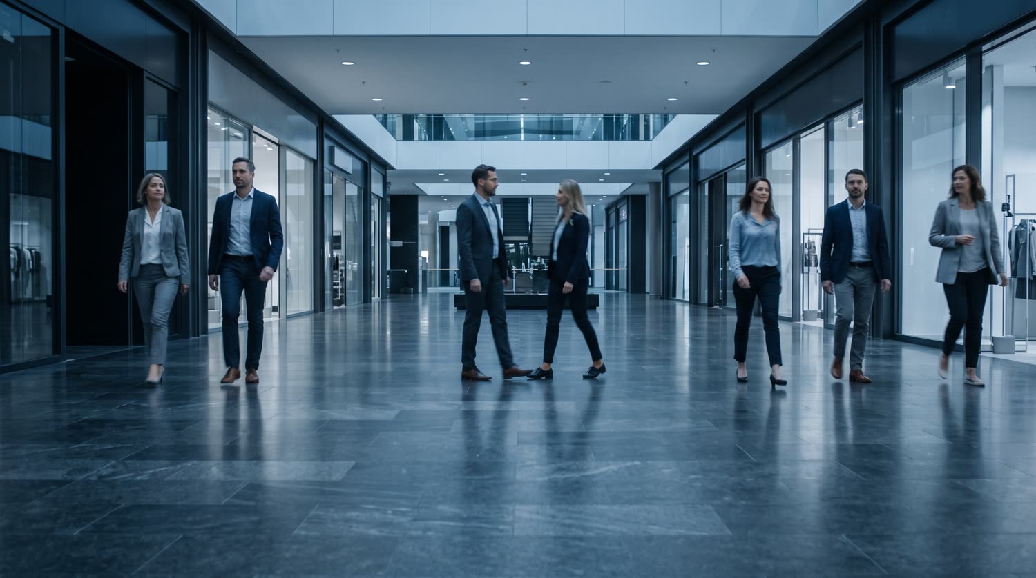 Corredor de uma galeria moderna com pessoas caminhando em direções diferentes