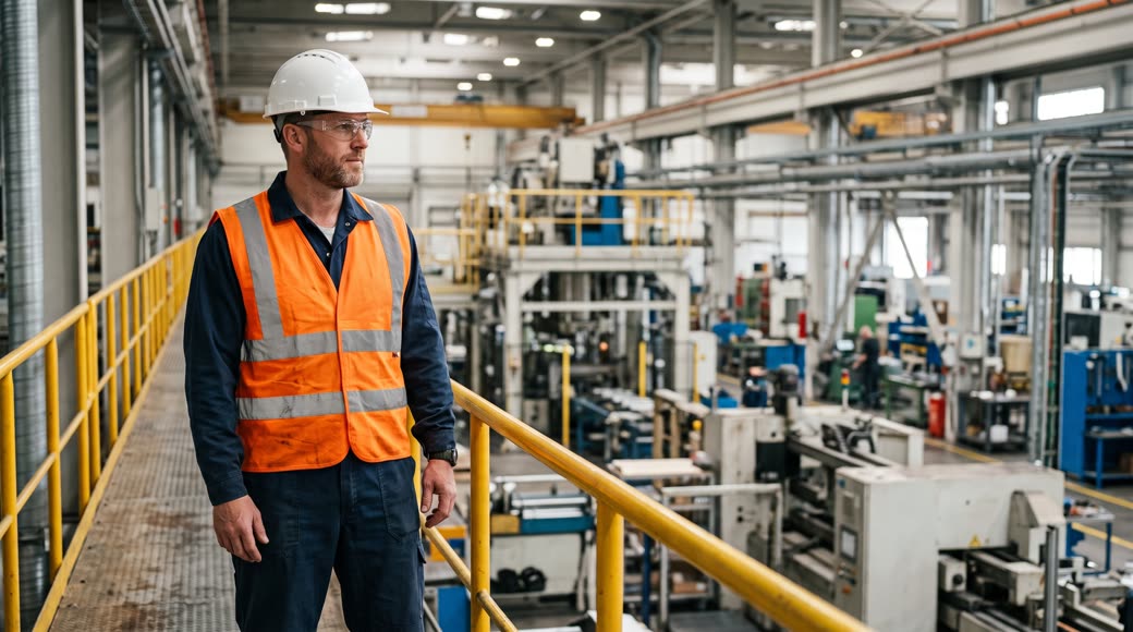 Trabalhador industrial usando capacete e colete refletivo em uma planta moderna