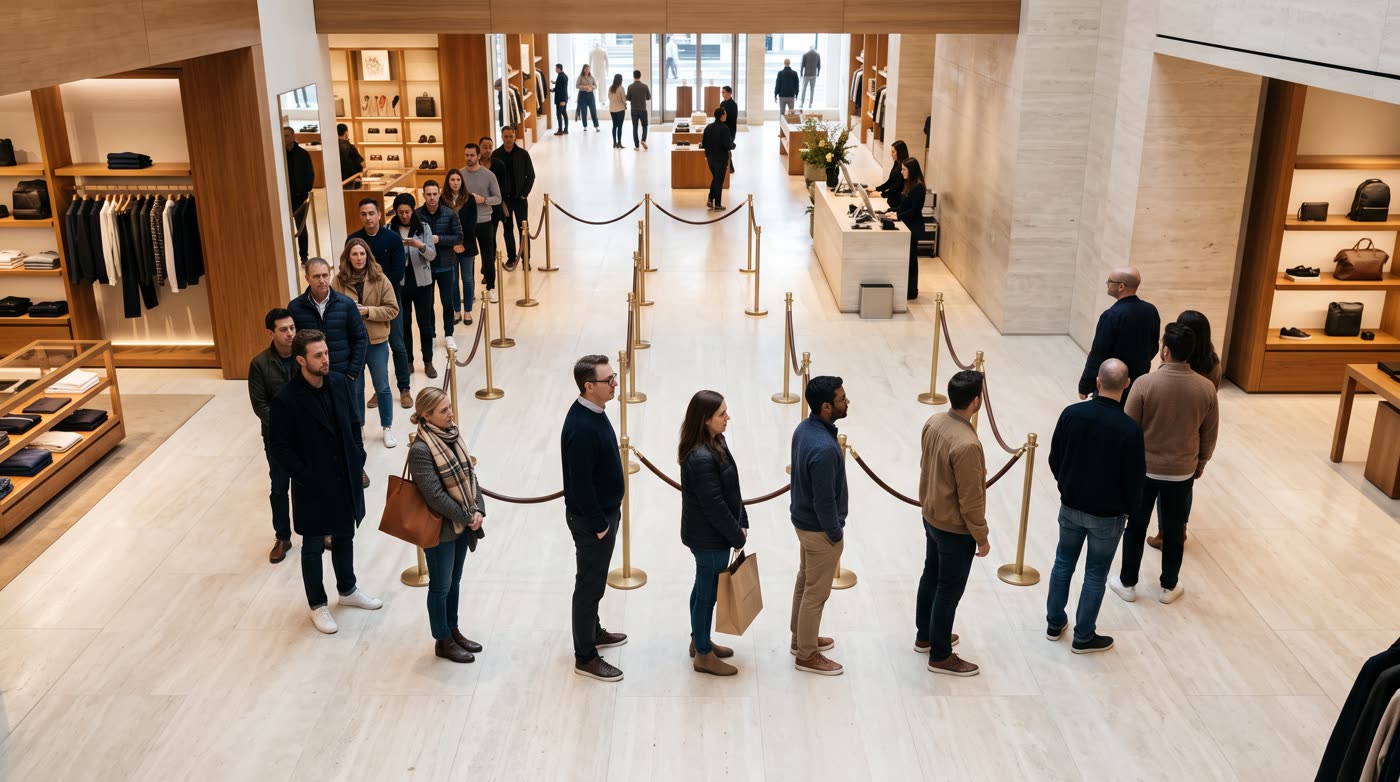 Fila de clientes em um ambiente de varejo premium vista de cima