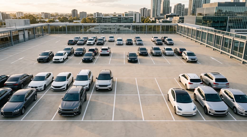 Estacionamento moderno visto de cima com vagas ocupadas e vagas livres
